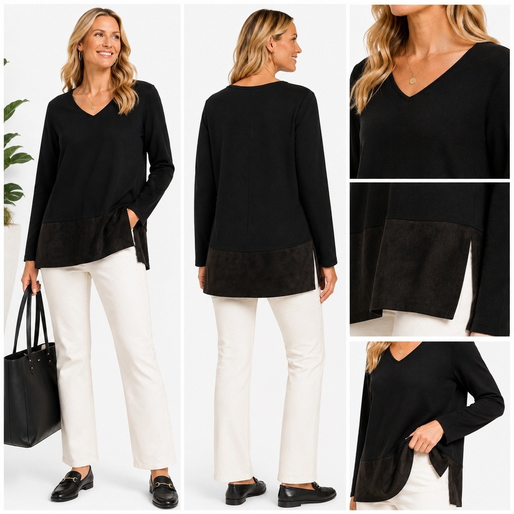 Ecru Top Womens L Black Suede Hem‎ V-Neck Long Sleeve Pullover Minimalist